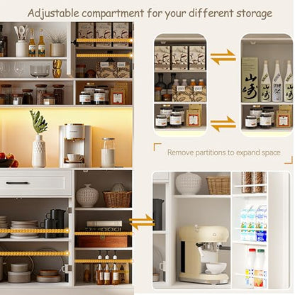 FJTJBSI 72" Kitchen Pantry Cabinet with LED Light and Charging Station Tall Pantry Storage Cabinet with Adjustable Shelves and Door Shelves Modern Kitchen Hutch with Microwave Stand and Countertop - color: White