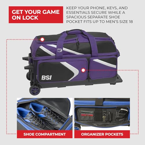 BSI Dash Roller Bowling Bag with Smooth Rolling Wheels, Padded Ball Compartment, Retractable Locking Handle, & Shoe Pocket - color: Black/Purple/White, style: Triple
