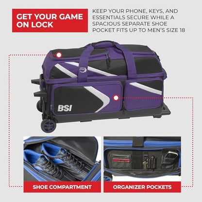 BSI Dash Roller Bowling Bag with Smooth Rolling Wheels, Padded Ball Compartment, Retractable Locking Handle, & Shoe Pocket - color: Black/Purple/White, style: Triple