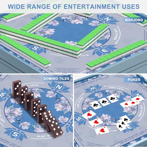 LZSIG Blue Foral Mahjong Mat for Table with Printed Rules, 33×33 Inches | Anti-Slip, Waterproof, Noise-Reducing Table Cover for American Mahjong, Poker, Board Games , Dominoes, and Card Games - color: Blue-3