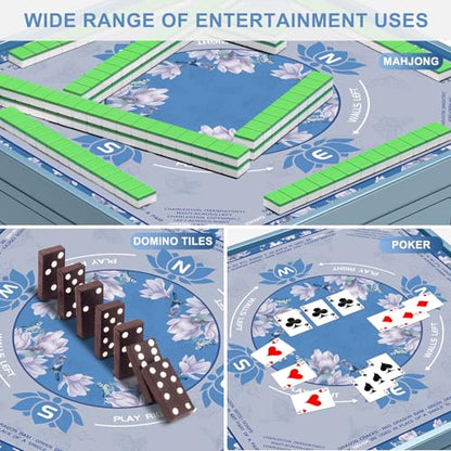 LZSIG Blue Foral Mahjong Mat for Table with Printed Rules, 33×33 Inches | Anti-Slip, Waterproof, Noise-Reducing Table Cover for American Mahjong, Poker, Board Games , Dominoes, and Card Games - color: Blue-3