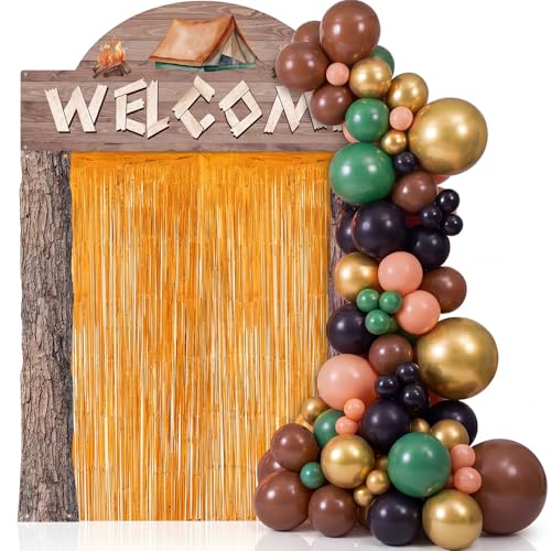 Peryiter 115 pcs Camping Party Decorations Set Wood Grain Welcome Backdrop Banner Foil Fringe Curtain Balloon Arch Kit Outdoor Camping Themed Supplies for Birthday Campfire Party - style: Camping
