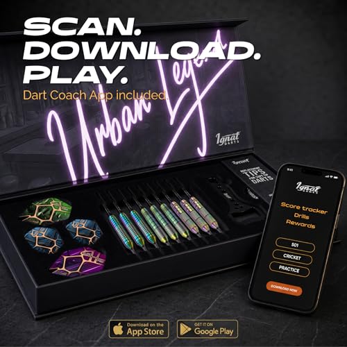 IgnatGames Soft Tip Darts Set for Electronic Dartboards, 9 Pack 18g Stainless Steel, Multi-Zone Grip, 70 Spare Tips, Magnetic Case & Companion App - color: 16g Vegas Lights
