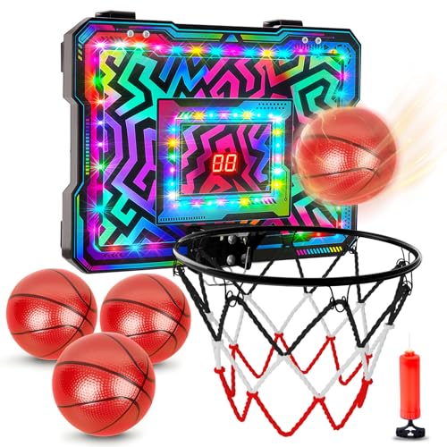 Indoor Mini Basketball Hoop, Over the Door Basketball Hoop with LED Lights/Scoreboard/4 Balls, Upgraded Reinforced Backboard Frame, Basket Ball Toys Gift for Kids Ages 3-5-12+ Boys Girls