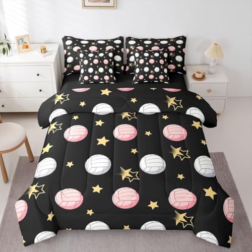 Erosebridal Volleyball Twin Bedding Set 7 Piece for Girls Women - Gold Star Print Bed in A Bag with Sheets Minimalist Sports Ball Game Comforter Set,Personalized Volleyball Ball Bed Sets - color: Black Pink White, size: Twin