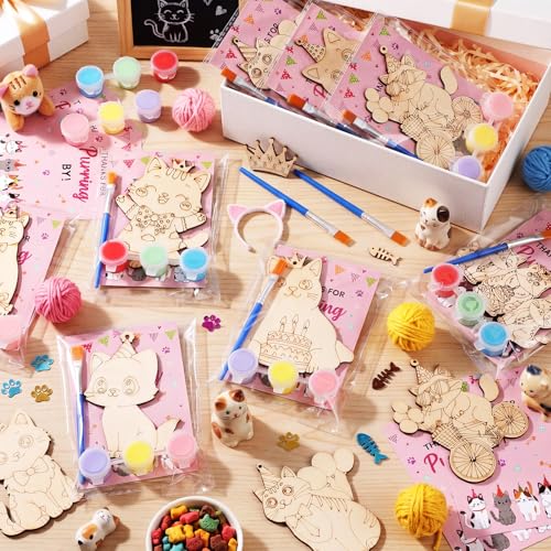 Saypacck 24 Pcs Cat Party Favors Wooden Painting Craft Kits Birthday Party Supplies with Organza Bag for Goodie Bags Fillers Adult Thank You Gifts - style: Cat
