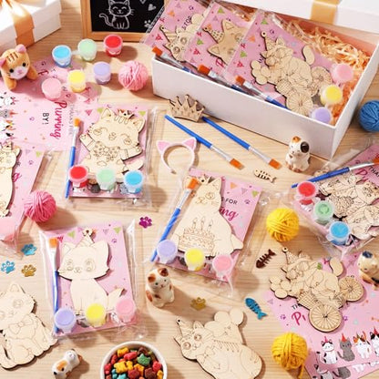 Saypacck 24 Pcs Cat Party Favors Wooden Painting Craft Kits Birthday Party Supplies with Organza Bag for Goodie Bags Fillers Adult Thank You Gifts - style: Cat
