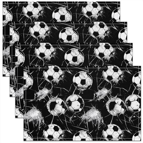 Erosebridal Soccer Placemats Set of 4 12x18 Grunge Sports Place Mat for Kids Teens Men Comforter Geometric Football Ball Game Black White Cover Heat Resisting Table Mats - color: Black White
