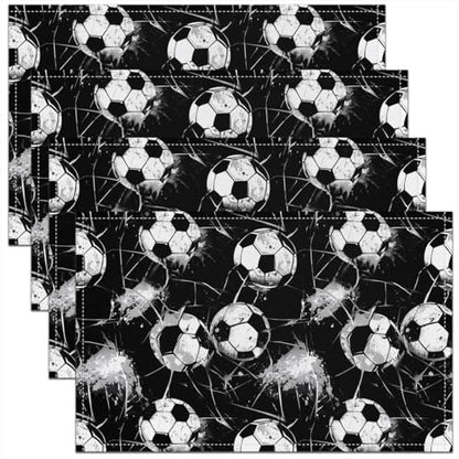 Erosebridal Soccer Placemats Set of 4 12x18 Grunge Sports Place Mat for Kids Teens Men Comforter Geometric Football Ball Game Black White Cover Heat Resisting Table Mats - color: Black White