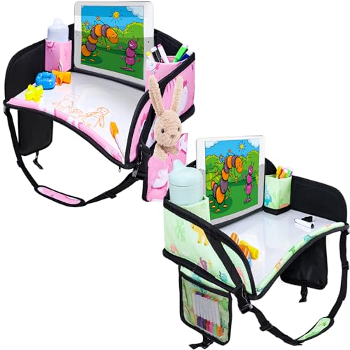 Kids Travel Tray for Toddler Car Seat, Road Trip Activities for Kids with iPad Holder Stand & Dry Erase Board, Road Trip Essentials Accessories Lap Tray as Travel Gifts for Kid, 2PC - color: Pink/Green-2PCS