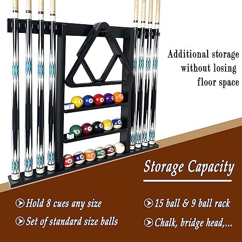 Wall Mount Pool Cue Stick Holder, Black Solid Wood Rack for 8 Cues - color: Black