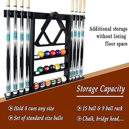 Wall Mount Pool Cue Stick Holder, Black Solid Wood Rack for 8 Cues - color: Black