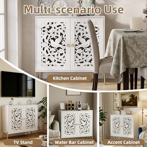 DHZ Accent Cabinet with Doors, Hollow-Carved Pattern Buffet Cabinet with Storage, Freestanding Sideboard Cabinet for Living Room Dining Room Entryway