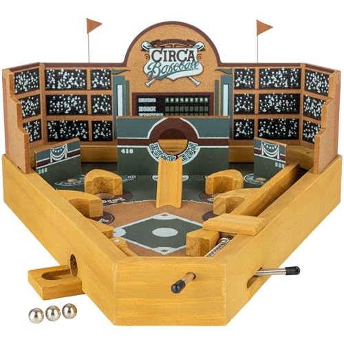 HEY! PLAY! 12-HY2070 Baseball Pinball Tabletop Skill Game - Classic Miniature Wooden Retro Sports Arcade Desktop Toy for Adult Collectors and Children