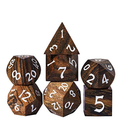 Wood DND Dice, 7pcs RPG Polyhedral Dice Set with Iron Box, for D&D Role Playing Games (Brown with Black Striped) - color: Brown Black Striped