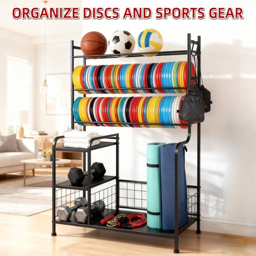 Disc Golf Storage Rack, Large Capacity Metal Organizer with Hooks for Sports Equipment, Holds 140+ Discs