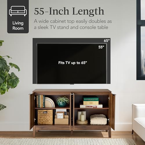 Best Choice Products 55" Modern 4-Door Sideboard Storage Cabinet, Buffet, Media Cabinet, Cupboard, Entryway Accent Table, Bookcase w/Reed Panels and Adjustable Shelves – Walnut - color: Walnut