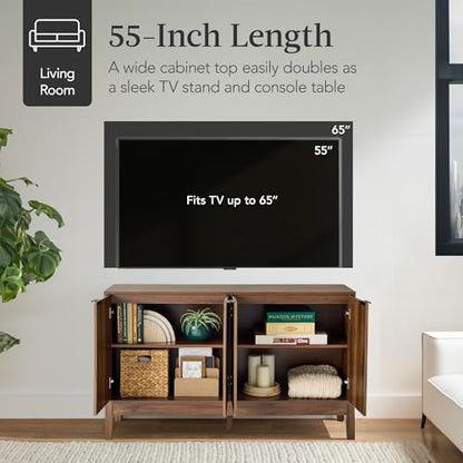Best Choice Products 55" Modern 4-Door Sideboard Storage Cabinet, Buffet, Media Cabinet, Cupboard, Entryway Accent Table, Bookcase w/Reed Panels and Adjustable Shelves – Walnut - color: Walnut