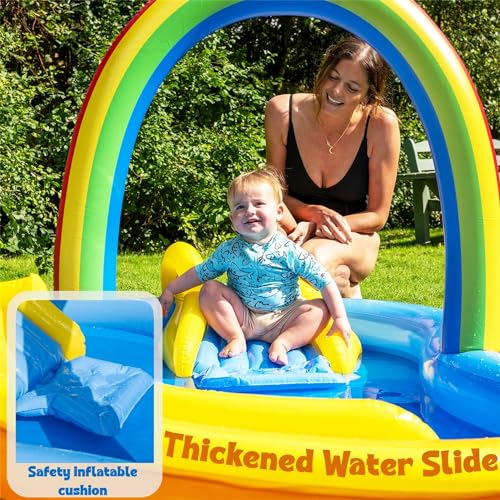 Inflatable Swimming Pool with Water Slide, Inflatable Play Center with Spray Water, Toss Ring, Ball for Outdoor Backyard Garden Water Park - size: 86.5"