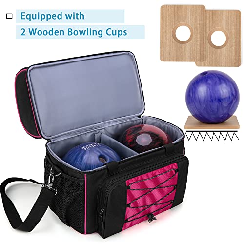 DSLEAF Bowling Bag for 2 Balls, Bowling Tote with Wooden Bowling Cups and Padded Divider for Double Ball and A Pair of Bowling Shoes Up to Mens 16 and Extra Essentials (Patent Design), Bag Only - color: Rose Red