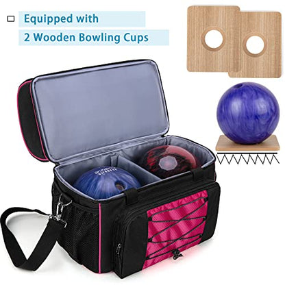 DSLEAF Bowling Bag for 2 Balls, Bowling Tote with Wooden Bowling Cups and Padded Divider for Double Ball and A Pair of Bowling Shoes Up to Mens 16 and Extra Essentials (Patent Design), Bag Only - color: Rose Red