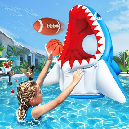 Hymaz Shark Pool Toy, 3-in-1 Inflatable Pool Floats Basketball & Football & Head Hoop Toss Game, Floating Swimming Water Toys for Kids Boys Girls Family Outdoor Yard Beach Summer Party Favors Gift - style: Shark 3 in 1 Games