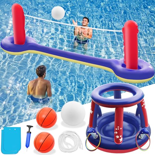 Jasonwell Pool Toys Games Set - 3 in 1 Pool Volleyball Net Basketball Hoop Ring Toss Game Inflatable Floats Water Floating Volleyball Swimming Pools Games Party Gift for Kids Adults (Red&Blue, XL)