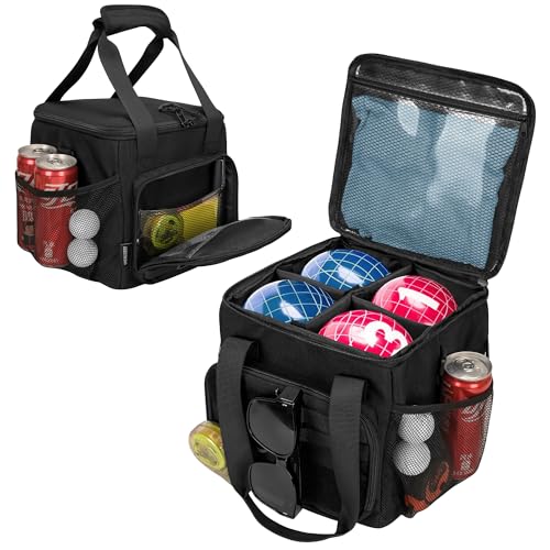 Tactical Bocce Ball Set Carry Bag Holds up to 8 Balls with Molle System, Portable Bocce Ball Storage Bag with Multiple Pockets and Detachable Shoulder Strap for Easy Carrying, Bag Only, Black