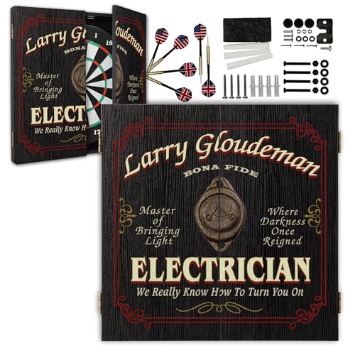 Personalized Dart Board Cabinet Set with 6 Steel Tip Darts, Paper Fibre Dartboard, Chalk & Eraser (21.5 x 21.5 x 2.75") - Occupational Man Cave Dart Boards for Adults - Electrician (409) - style: Electrician Dartboard & Cabinet Set