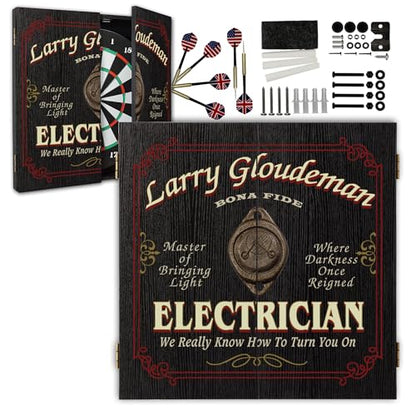 Personalized Dart Board Cabinet Set with 6 Steel Tip Darts, Paper Fibre Dartboard, Chalk & Eraser (21.5 x 21.5 x 2.75") - Occupational Man Cave Dart Boards for Adults - Electrician (409) - style: Electrician Dartboard & Cabinet Set