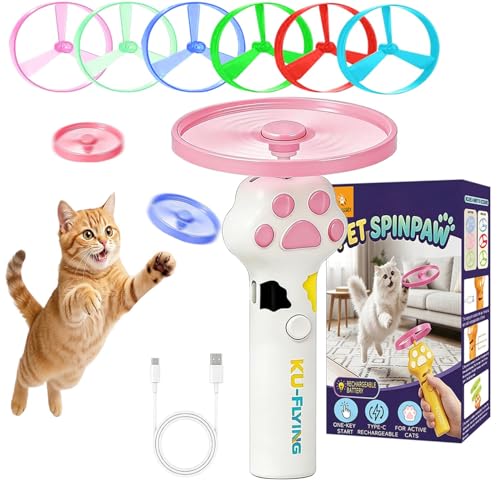 Cat Fetch Toy Auto Launcher 6 Discs 30m Range USB-C Rechargeable | Upgraded automatic disc launcher with 6 premium discs (3 glow), 30m range, USB-C rechargeable. Interactive indoor cat toy.