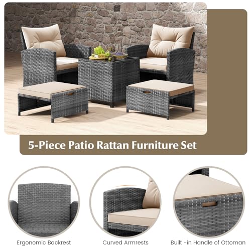 Tangkula 5 Pieces Patio Conversation Set, PE Wicker Rattan Outdoor Furniture Set with 2 Chairs, 2 Ottomans & Tempered Glass Coffee Table, Ideal for Poolside, Backyard, Lawn, Deck, Mix Grey & Beige - color: Mix Grey & Beige