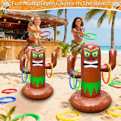 27" Inflatable Luau Tiki Pool Toss Games, Tiki Pool Ring Toss Toys with 4 Rings for Adults Indoor Outdoor Tropical Summer Swimming Inflatable Bean Bags Toss Hawaiian Luau Party Supplies - color: Inflatable Tiki Pool Ring Toss