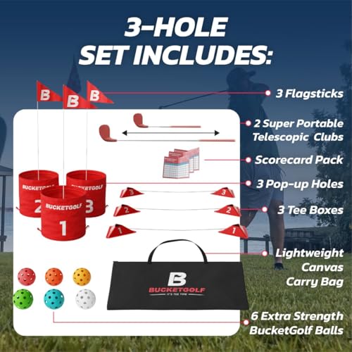 BUCKETGOLF Original Game 3 Hole Travel Set with Clubs - #1 New Backyard Golf Game for the Yard and All Ages Adults and Kids. Beach, Park, School. (1 Right + 1 Left Club) - size: 1 Right + 1 Left Club