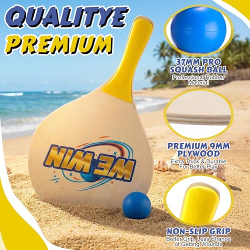 Junkin 4 Pairs Beach Paddle Ball Set Badminton Rackets Funny Paddleball Rackets Game with 8 Racket 4 Paddle Ball 4 Drawstring Bag for Indoor Outdoor Summer Sports Toys Game Backyard Park Camping Yard