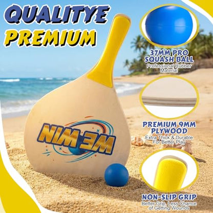 Junkin 4 Pairs Beach Paddle Ball Set Badminton Rackets Funny Paddleball Rackets Game with 8 Racket 4 Paddle Ball 4 Drawstring Bag for Indoor Outdoor Summer Sports Toys Game Backyard Park Camping Yard