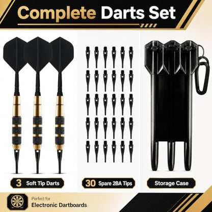 Soft Tip Darts Set 18g, 3 Pack with Brass Barrels and Case | 18g darts, brass barrels, integrated flights, 30 spare soft tips, travel case, for electronic dartboards