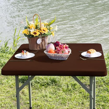Square Fitted Table Cover Elastic Tablecloth Stretch Spandex Table Top Cover Table Topper Cap for Dining Kitchen Home Party Brown 34X34 Inch - color: Brown, size: 34" x 34" (Square)