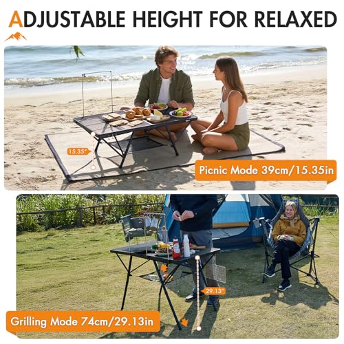 Portal Iron Mesh Folding Grill Table with 2 Adjustable Heights(15" & 29"), Heavy Duty Metal Camp Table, Heat-Resistant Tabletop for BBQ & Outdoor Cooking, One-Piece Folding Design, Dark Gray