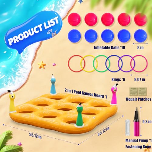 Flamingo Pool Toys Games Set, 2-in-1 Giant Inflatable Tic Tac Toe Float Game & Ring Toss Game with 10 Balls & 6 Rings, Outdoor Summer Fun Beach Yard Swimming Pool Games for Adults Teens Kids 6+ - style: Flamingo