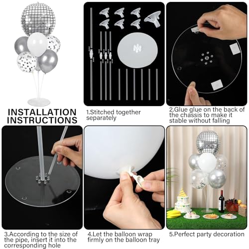 Disco Ball Party Balloons Stand Kit 2 Sets with 2 Silver 4D Discoball Foil Balloon Disco Ball Centerpiece for Tables 70s 80s 90s Dance Themed Birthday Graduation Decorations 2026 Prom Party Supplies - style: Silver Disco