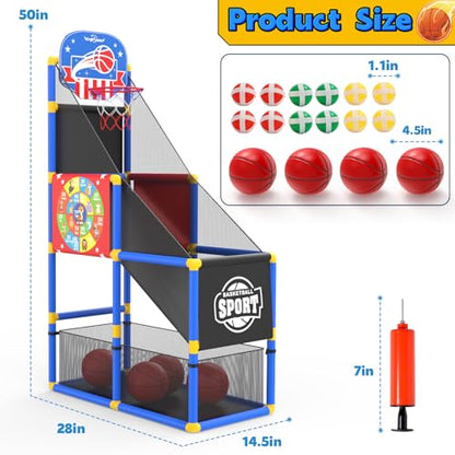 EagleStone 2-in-1 Kids Arcade Basketball Hoop with Dart Board,4 Balls Adjustable Height Basketball Toy Indoor Outdoor Carnival Games Gift for Boys Girls Toddlers Ages 3-6 Years Old,Pump Included - color: Red