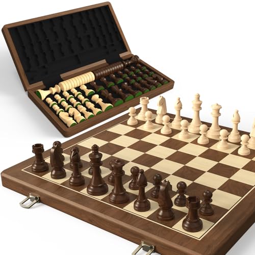 Premium Natural Walnut 15" Magnetic Wooden Folding Chess & Checkers Set- 2 in 1 Board Game with 3" King Staunton Pieces and 2 Extra Queens, Checkers, and Dust-Proof Storage Bag (Black) - color: Black