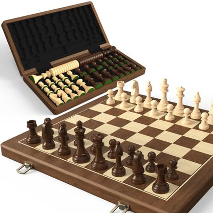 Premium Natural Walnut 15" Magnetic Wooden Folding Chess & Checkers Set- 2 in 1 Board Game with 3" King Staunton Pieces and 2 Extra Queens, Checkers, and Dust-Proof Storage Bag (Black) - color: Black