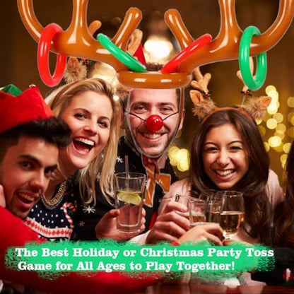 4 Pack Inflatable Reindeer Antler Ring Toss Game (4 Antlers 16 Rings 1 Pump) Reindeer Antler Hat Ring Toss for Xmas Party Great Christmas Games for Families