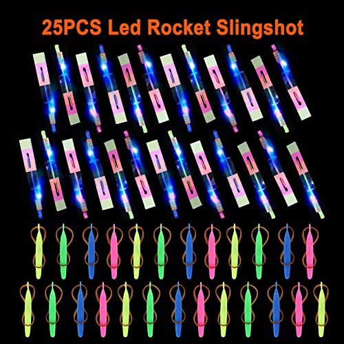 lpvoqpth 25 Sets LED Flying Set, 25 Slingshot+25 Glow Helicopter-50 Pcs, Flying Toy Outdoor Toys Glow in the Dark Party Supplies Party Favors for Kids 8-12,4-8