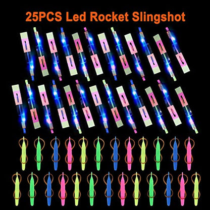 lpvoqpth 25 Sets LED Flying Set, 25 Slingshot+25 Glow Helicopter-50 Pcs, Flying Toy Outdoor Toys Glow in the Dark Party Supplies Party Favors for Kids 8-12,4-8
