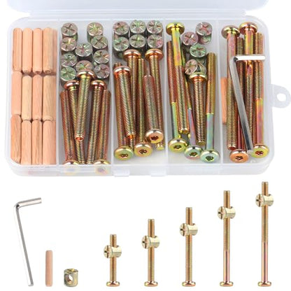 M6x40/50/60/70/80mm Crib Screws Assortment 20-Set Wooden Double beds Hardware Replacement Kit,Bolts & Barrel Nuts & Wooden Dowels, Hex Socket Head Cap Screws Nuts for Headboards Furniture