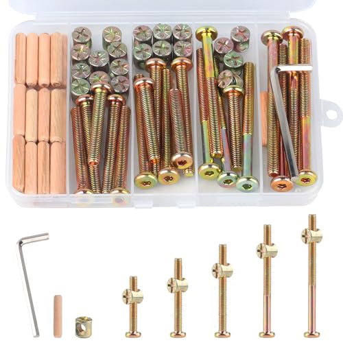 M6x40/50/60/70/80mm Crib Screws Assortment 20-Set Wooden Double beds Hardware Replacement Kit,Bolts & Barrel Nuts & Wooden Dowels, Hex Socket Head Cap Screws Nuts for Headboards Furniture