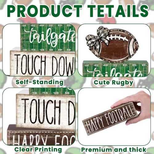 DIYDEC 4Pcs Football Table Decoration Happy Football Wooden Block Sign Fall Rugby Tiered Tray Decor Centerpiece Decorative Faux Book Stack for Holiday Tabletop Coffee Fireplace Shelf Desk Party Decor - style: Football